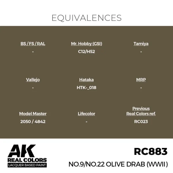 5568336360-1 AK Interactive - Real Colors: No.9/No.22 Olive Drab (WWII) 17 ml. - RC883