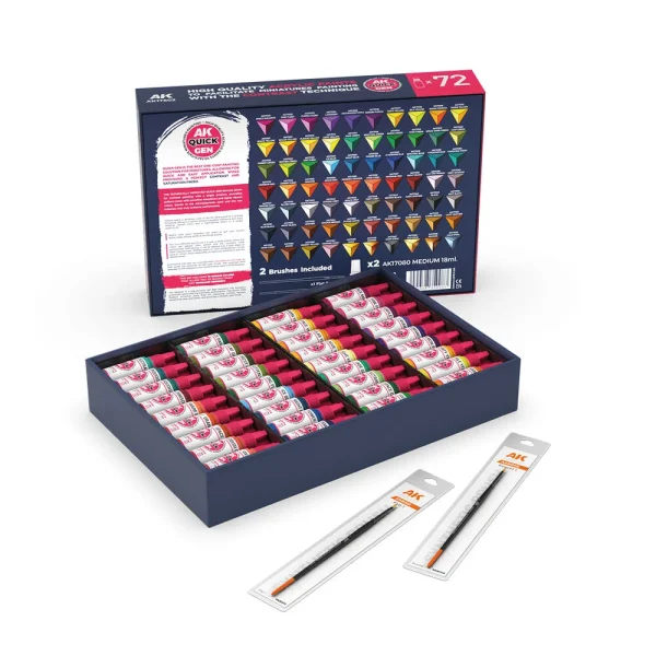 AK Interactive - QUICK PAINT SET - 72 QUICK GEN COLORS (+2 MEDIUM 18ML +2 FREE BRUSHES) - AK17602