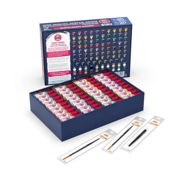 5568350090-1 AK Interactive - QUICK PAINT COMBO - 100 COLORS (80 QUICK GEN + 20 3GEN + 3 FREE BRUSHES + 1 MEDIUM 18ML) - AK17603
